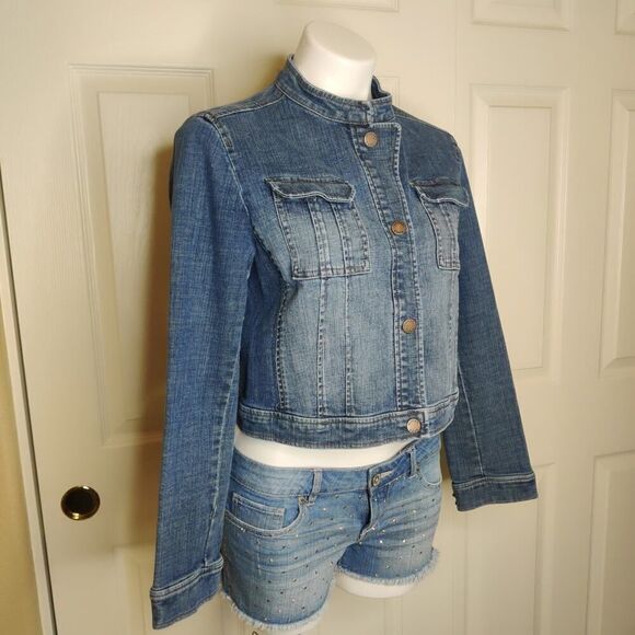 MICHAEL Michael Kors crop stand-up collar denim jacket sz 12P - Picture 3 of 8